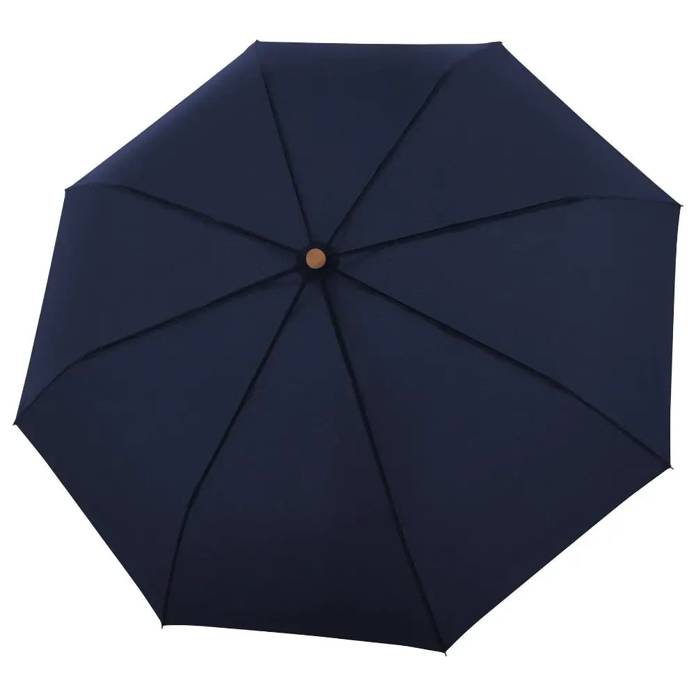 Doppler Nature Automatic Long Umbrella in deep blue with ten panels and wooden handle knob, displayed fully open from above against white background