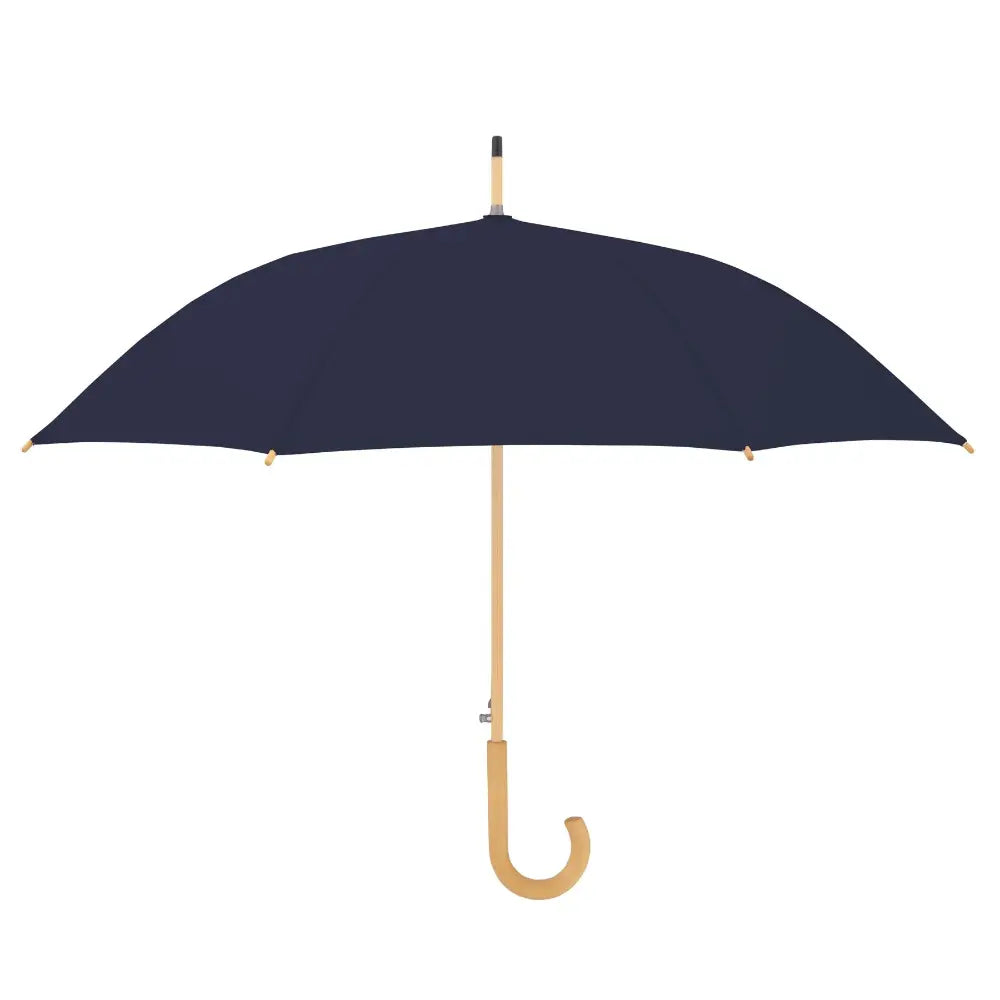 Doppler Nature Automatic Long Umbrella in deep blue with natural wood handle and shaft, featuring a curved wooden grip and metal ferrule details