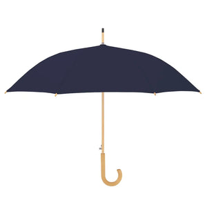 Doppler Nature Automatic Long Umbrella in deep blue with natural wood handle and shaft, featuring a curved wooden grip and metal ferrule details
