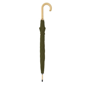 Doppler Nature Automatic Long Umbrella in deep olive green with natural wooden curved handle and matching wooden shaft, closed position against white background