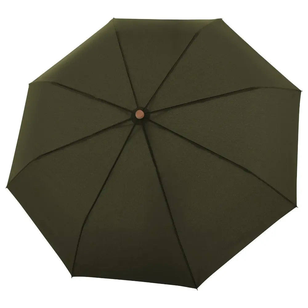 Doppler Nature Automatic Long Umbrella in deep olive green with ten panels and copper-toned ferrule shown open from above against white background