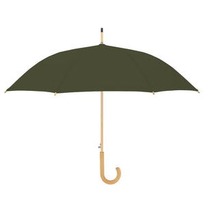 Deep olive green automatic umbrella with wooden handle and shaft, featuring a curved wooden hook handle and metal ferrule detail