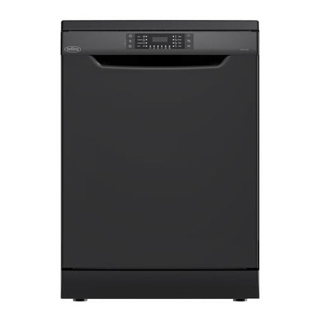 Belling BFDW15BK freestanding dishwasher with gloss black finish, 14 place setting capacity, 60cm width, digital control panel and dark grey handle