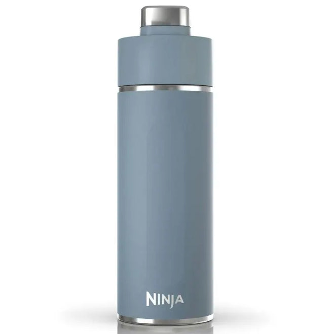Ninja Thirsti 530ml insulated travel bottle in tropical blue with stainless steel cap and band, cylindrical design on white background