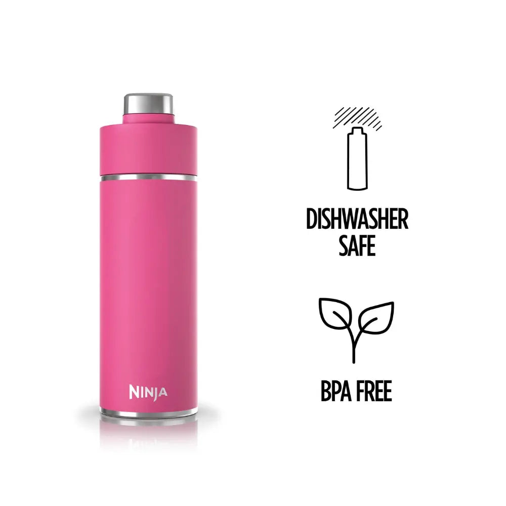 Ninja Thirsti 530ml insulated travel bottle in hot pink with stainless steel cap, featuring dishwasher safe and BPA free badges