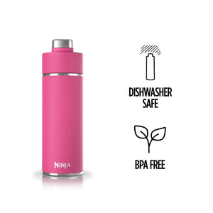 Ninja Thirsti 700ml insulated travel bottle in hot pink with stainless steel cap, featuring dishwasher safe and BPA free icons