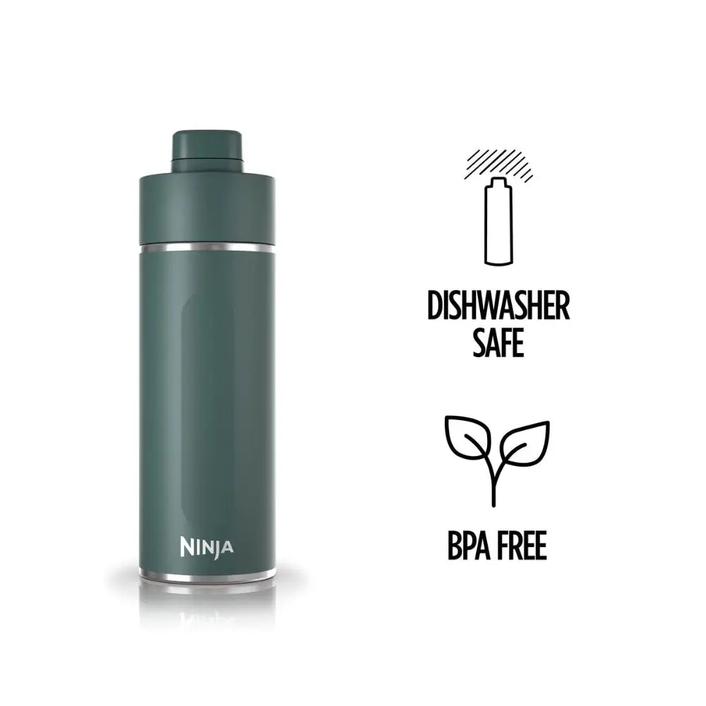 Ninja Thirsti 530ml insulated travel bottle in evergreen with stainless steel band, featuring dishwasher safe and BPA free icons