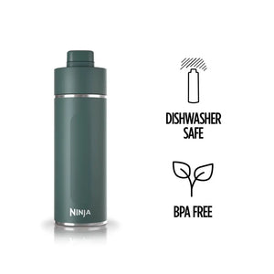 Ninja Thirsti 700ml insulated travel bottle in evergreen green with stainless steel band, shown with dishwasher safe and BPA free certification icons