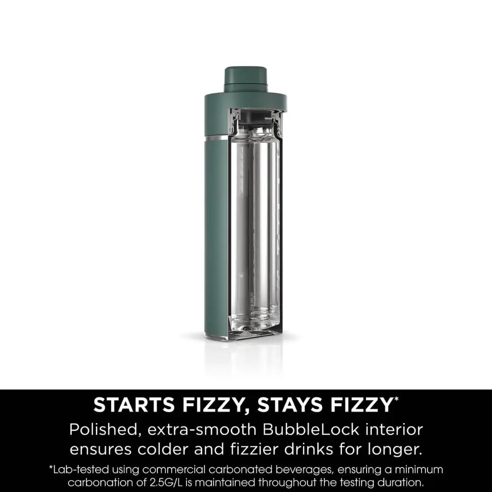 Ninja Thirsti 700ml insulated travel bottle in evergreen green with clear glass interior chamber, featuring BubbleBlock technology for carbonated beverages, shown against white background with product benefits text below