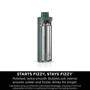 Ninja Thirsti 700ml insulated travel bottle in evergreen green with clear glass interior chamber, featuring BubbleBlock technology for carbonated beverages, shown against white background with product benefits text below