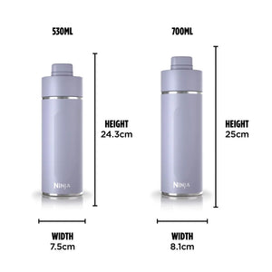 Ninja Thirsti insulated travel bottles in lavender showing size comparison between 530ml and 700ml models with dimensions height 24.3cm width 7.5cm and height 25cm width 8.1cm respectively