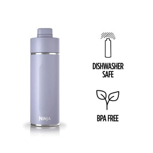 Ninja Thirsti 530ml insulated travel bottle in lavender with stainless steel band, displaying dishwasher safe and BPA free certification icons