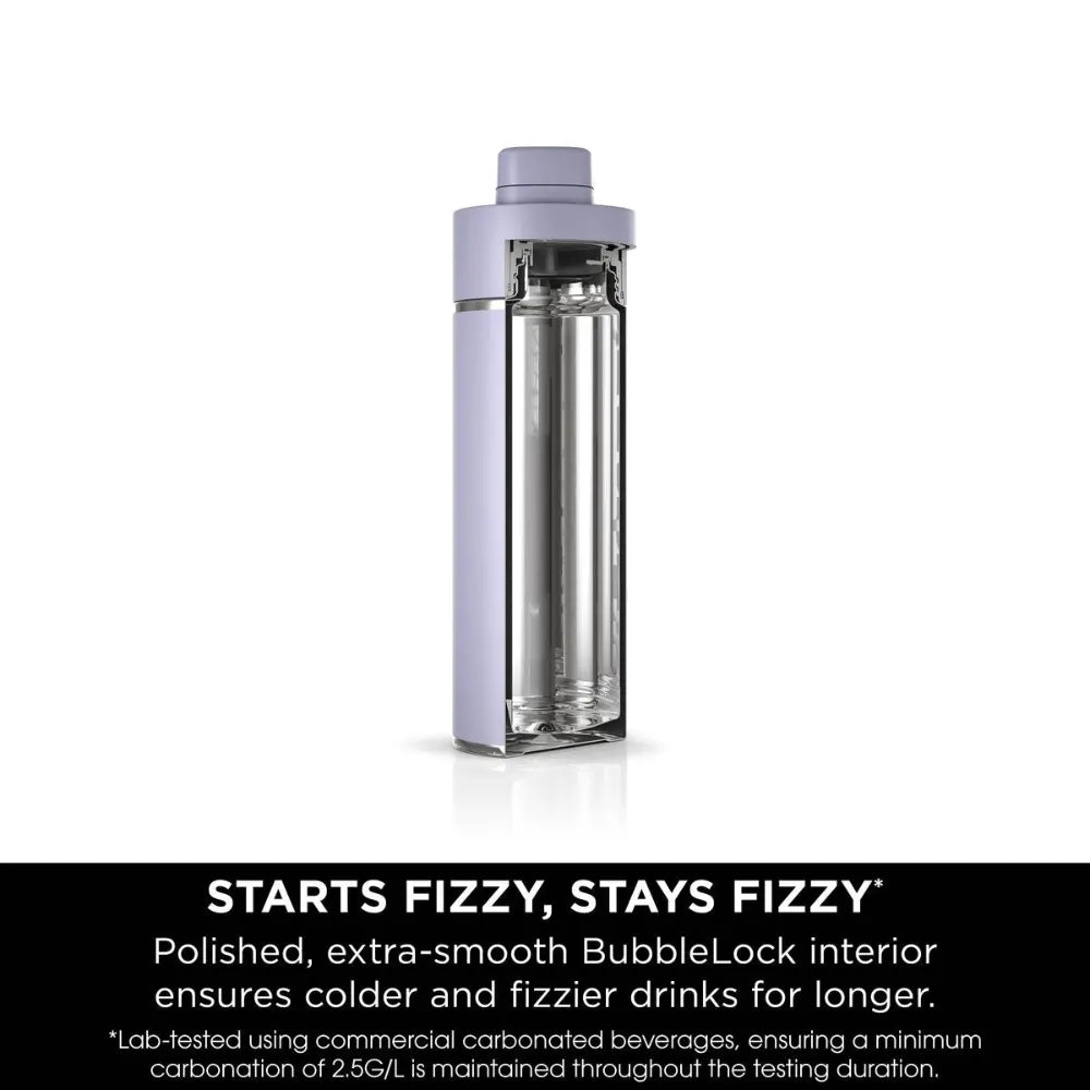 Ninja Thirsti 700ml insulated travel bottle in lavender with stainless steel interior, featuring BubbleBlock technology to maintain carbonation, shown against white background with product benefits text below