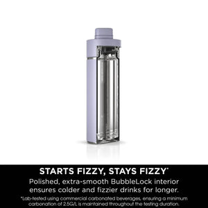 Ninja Thirsti 700ml insulated travel bottle in lavender with stainless steel interior, featuring BubbleBlock technology to maintain carbonation, shown against white background with product benefits text below