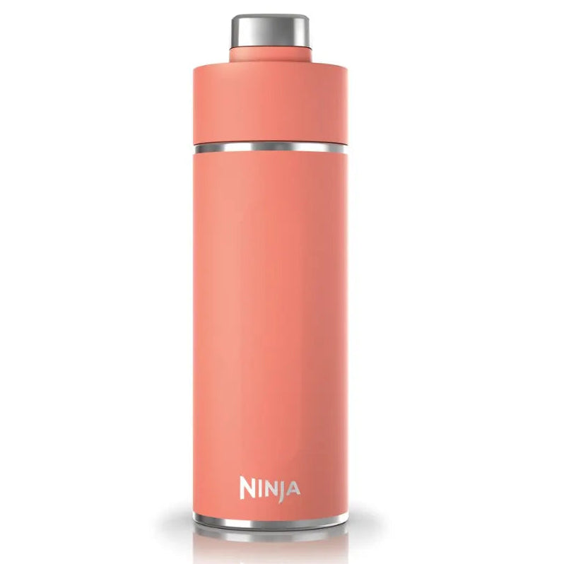 Ninja Thirsti 700ml insulated travel bottle in coral pink with stainless steel cap and band, featuring white Ninja branding on the cylindrical body