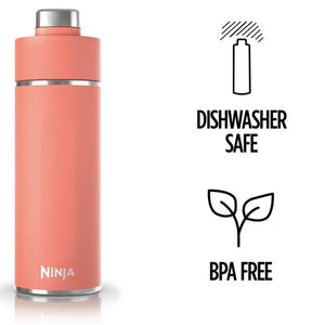 Ninja Thirsti 700ml insulated travel bottle in coral pink with stainless steel cap and band, featuring dishwasher safe and BPA free icons