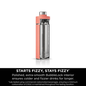 Ninja Thirsti 700ml insulated travel bottle in coral with stainless steel interior and cap, featuring BubbleBlock technology to keep drinks fizzy, displayed against white background with product features text below