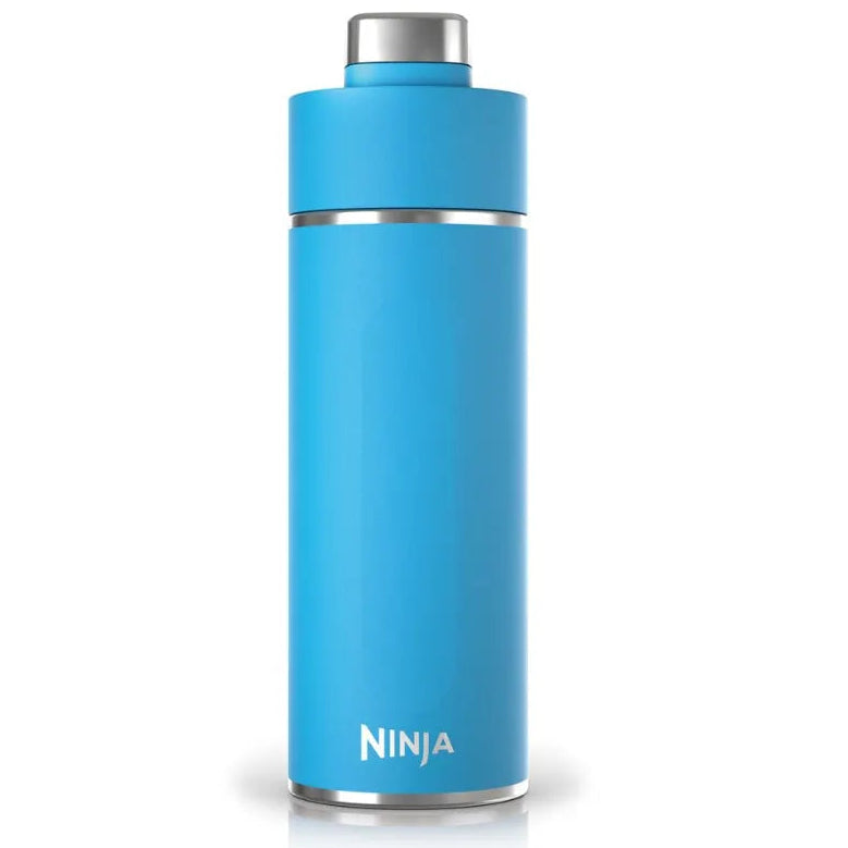 Ninja Thirsti 700ml insulated travel bottle in tropical blue with stainless steel cap and band, shown against white background