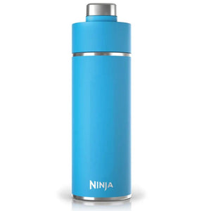 Ninja Thirsti 700ml insulated travel bottle in tropical blue with stainless steel cap and band, shown against white background