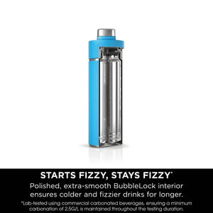 Ninja Thirsti 700ml insulated travel bottle in tropical blue with stainless steel top and clear glass interior, featuring BubbleBlock technology to maintain carbonation in fizzy drinks