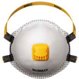 DeWalt FFP3 disposable particulate respirator face mask with white spherical shell, yellow exhalation valve, black straps and yellow fabric headband displayed against white background