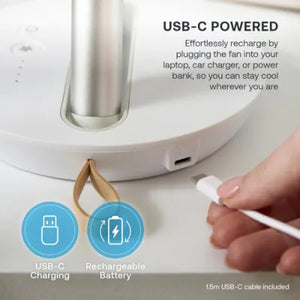 White Dimplex cordless rechargeable desktop fan showing USB-C charging port, rechargeable battery icon, and person holding white charging cable with 15m USB-C cable included