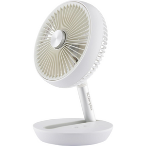 White cordless rechargeable 6 inch desktop fan by Dimplex with cream-colored blade guard, adjustable neck and round base on white background