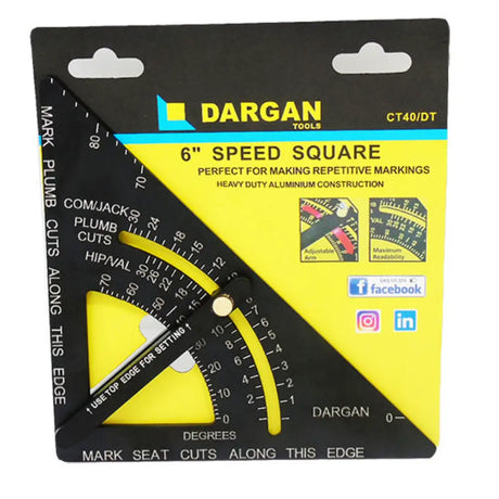 Dargan Tools 6 inch speed square CT40/DT with heavy duty aluminium construction featuring black and yellow design, measurement markings, and degree settings for carpentry and marking cuts