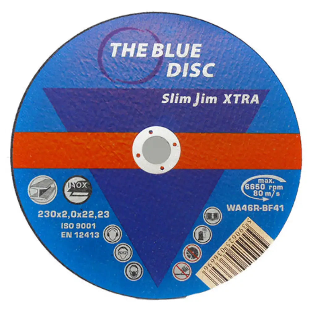 Blue abrasive cutting disc for stainless steel and metal with red stripe, labeled Slim Jim XTRA, showing specifications 230x2.0x22.23 and safety certifications