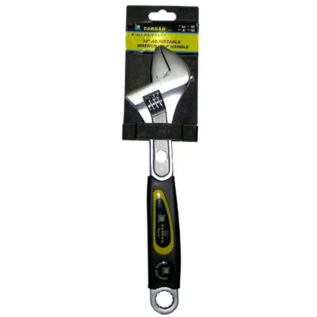 Dargan 6 inch adjustable wrench with chrome metal head and black and yellow ergonomic grip handle in retail packaging