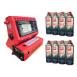 Red Dargan PV28 portable gas heater with metal grille alongside two 4-packs of Love Mud 227g butane camping gas canisters, eight canisters in total, bundle on a white background