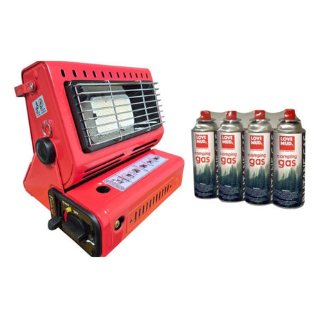 Red Dargan PV28 portable gas heater with metal grille alongside a 4-pack of Love Mud 227g butane camping gas canisters, bundle