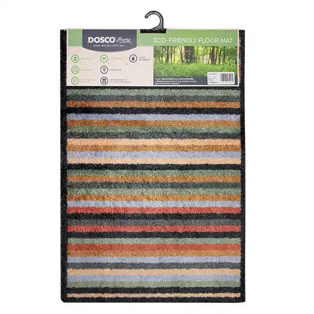 Dosco Eco-Friendly Floor Mat 75cm x 50cm with multicoloured horizontal stripes in green, orange, blue, red and brown on black border, displayed with product packaging and hang tag
