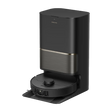 Dreame L50s Pro Ultra black robotic vacuum with self-emptying dock station, featuring round black disc base and gray metallic accent band on charging tower