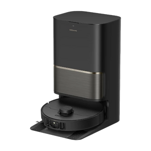 Dreame L50s Pro Ultra black robotic vacuum with self-emptying dock station, featuring round black disc base and gray metallic accent band on charging tower