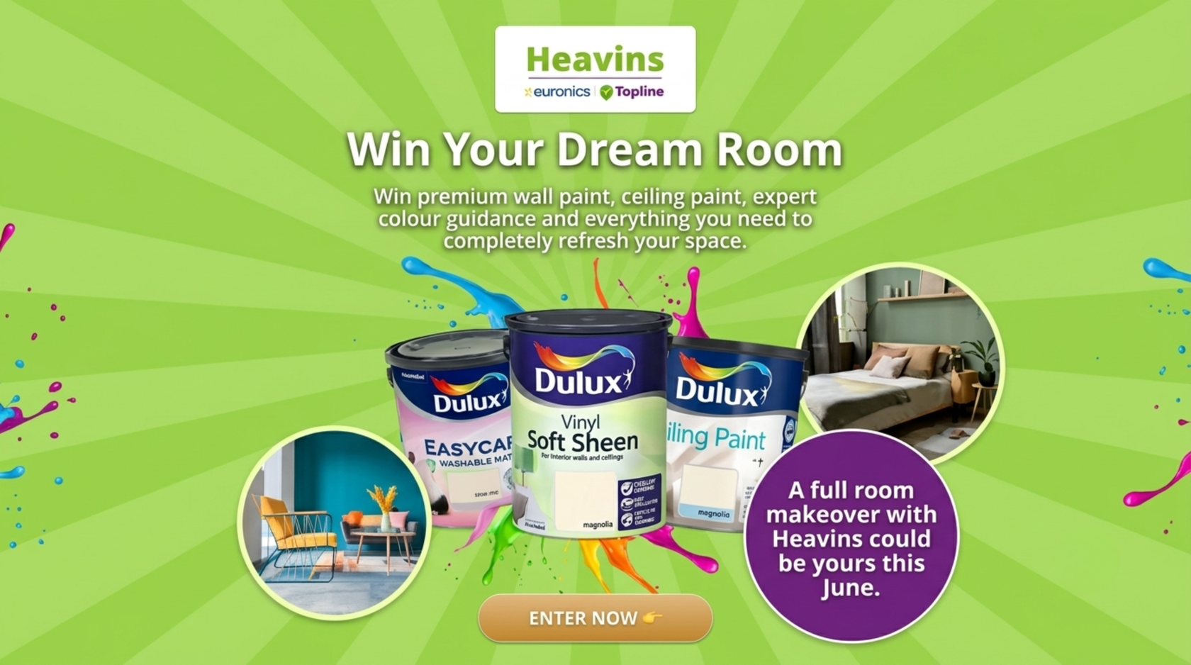 Promotional image for Heavins with Dulux paint cans and a dream room contest on a green background.