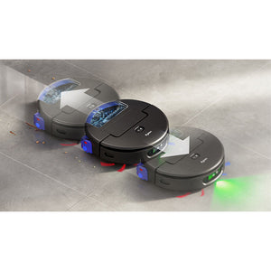 Three black Dyson Spot+Scrub AI robot vacuums lined up on a light gray tile floor, displaying illuminated blue and red laser sensors and green navigation lights, with small screens visible on their tops and white cleaning pads extended underneath