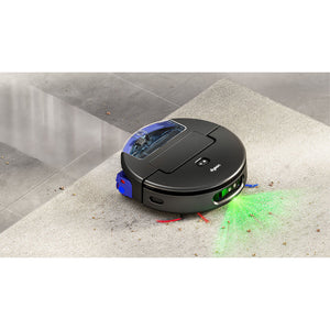 Dyson Spot+Scrub AI black robotic vacuum with blue dustbin and green laser detection shown cleaning tiled floor with debris and red cleaning solution visible