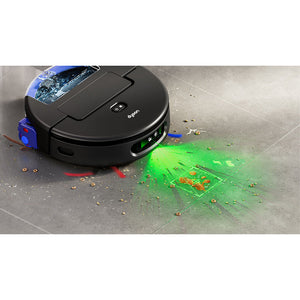 Dyson Spot+Scrub AI robot vacuum with black circular body and blue water tank displayed on grey tile floor with green laser detection grid visible, detecting scattered debris and cereal pieces