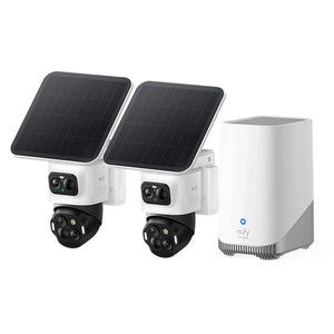 Two solar-powered security cameras with a central device on a white background
