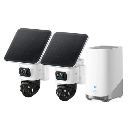 Two solar-powered security cameras with a central device on a white background