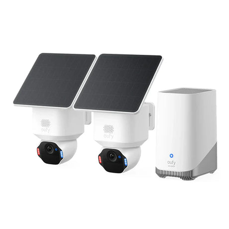 Solar-powered security camera system with two cameras and a central unit on a white background