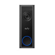 Eufy Video Doorbell 2K in black with camera lens at top, illuminated blue circular button below, and brand logo on dark face plate