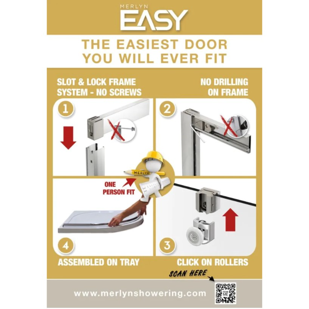 Merlyn Easy sliding shower door installation guide showing slot and lock frame system with no drilling required, chrome finish, 1000-1200mm width, one person fit assembly instructions with numbered steps and QR code