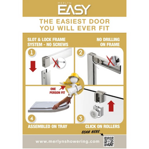 Merlyn Easy sliding shower door installation guide showing slot and lock frame system with no drilling required, chrome finish, 1000-1200mm width, one person fit assembly instructions with numbered steps and QR code