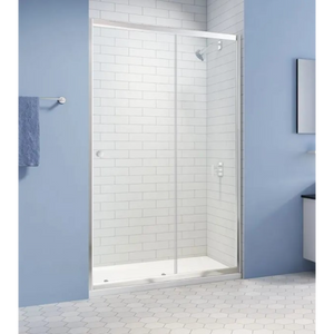 Merlyn Easy Sliding Shower Door in chrome frame with clear glass panels, 1000-1200mm width, installed in modern bathroom with white subway tile walls, blue painted walls, and white hexagonal floor tiles