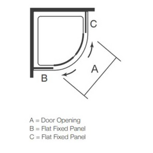 Merlyn Easy 2 Door Quadrant Shower Enclosure diagram showing chrome frame with curved glass door opening, flat fixed panels, and dimensions up to 1200x900mm in black and white schematic