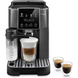 DeLonghi Magnifica Start bean to cup coffee machine in grey and black with touchscreen display, milk frother, drip tray and cup of cappuccino shown alongside two espresso cups