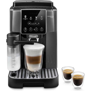 DeLonghi Magnifica Start bean to cup coffee machine in grey and black with touchscreen display, milk frother, drip tray and cup of cappuccino shown alongside two espresso cups
