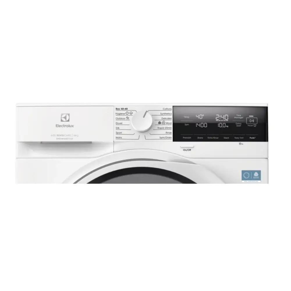 Electrolux white front-load washing machine with 10kg capacity and 1400 spin, featuring digital display showing 40°C temperature and 1400 RPM, control panel with dial and buttons, model EFI63142UD